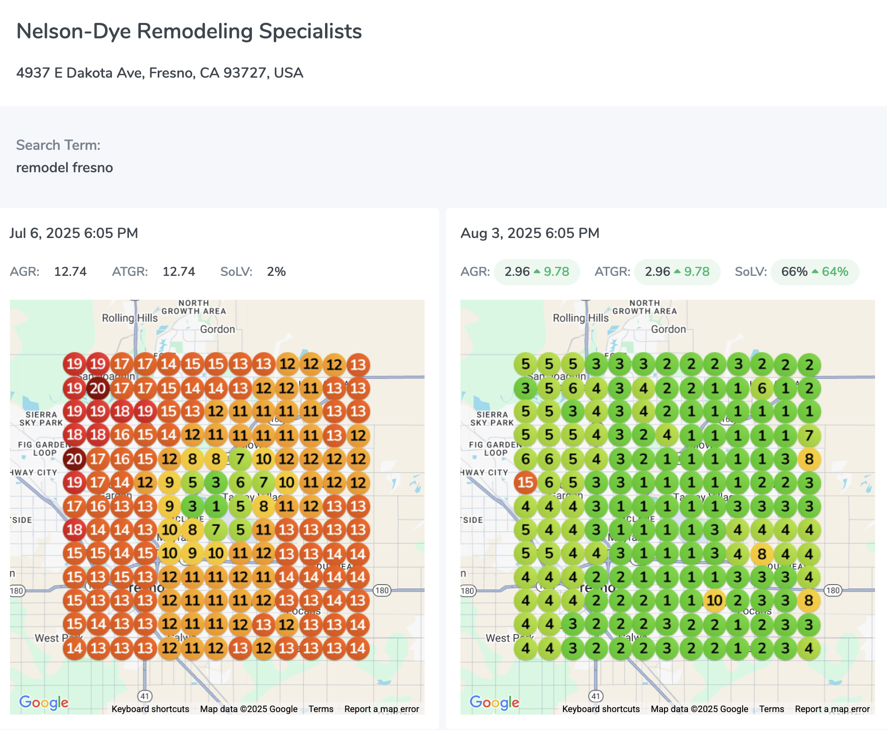 Nelson-Dye Remodeling Specialists GMB ranking before vs after for remodel fresno